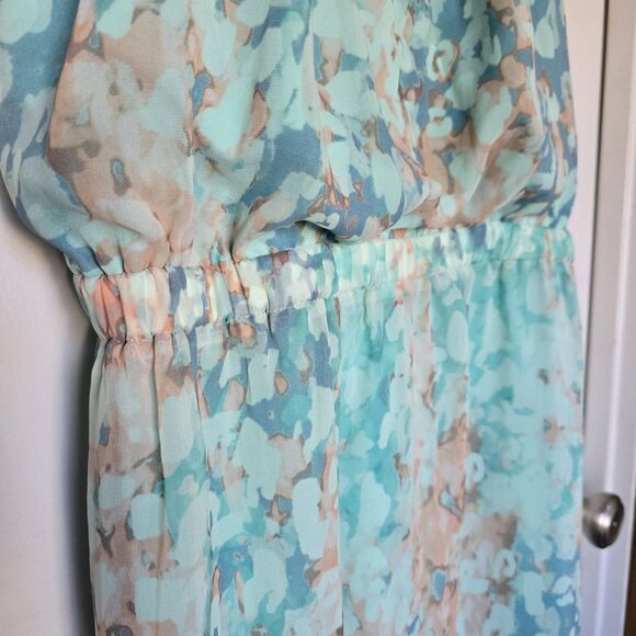 Vince Camuto Blue Printed Watercolor Chiffon Halter Top Gold Beads Maxi Dress 12 - Picture 4 of 10